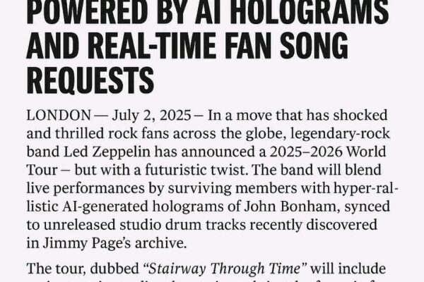 BREAKING: Led Zeppelin Reunites for Surprise Global Tour Powered by AI Holograms and Real-Time Fan Song Requests LONDON — July 2, 2025 — In a move that has shocked and thrilled rock fans across the globe, legendary rock band Led Zeppelin has announced a 2025–2026 World Tour — but with a futuristic twist. The band will blend live performances by surviving members with hyper-realistic AI-generated holograms of John Bonham, synced to unreleased studio drum tracks recently discovered in Jimmy Page’s archive. The tour, dubbed “Stairway Through Time”, will include an interactive setlist chosen in real time by fans via neural-linked wearable tech, making it the first-ever tour where audience sentiment directly shapes the concert as it happens. In a statement, Robert Plant said, “It’s not just about looking back — it’s about what Zeppelin would sound like if we started in 2025.” Tickets reportedly sold out in 37 seconds in Tokyo, London, and São Paulo. Critics are calling it “the most ambitious rock resurrection ever attempted.” More updates to follow as Zeppelin prepares to reclaim the crown — with a little help from the future