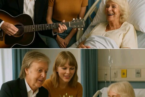 In a scene that no one could have scripted, music royalty met actual royalty when Sir Paul McCartney and Taylor Swift made a quiet, unannounced visit to Queen Camilla’s hospital room, following reports that the Queen Consort had been admitted for observation. Dressed simply and without security detail, the two stars arrived hand in hand, carrying only a small acoustic guitar and a bouquet of white lilies. Sources say Camilla was visibly moved as Paul took a seat at her bedside and softly strummed the opening chords of “Blackbird,” with Taylor harmonizing beside him. The Queen wiped away tears, whispering, “This is more healing than any medicine.” Staff members stopped in their tracks, stunned by the surreal beauty of the moment. One nurse said, “It felt like the world paused — like music and monarchy had blended into one heart.” The performance ended with Taylor gently brushing Camilla’s hair from her eyes and telling her, “You’re stronger than any crown.” The palace has yet to release an official statement — but insiders call it the most human moment the royal ward has ever seen.