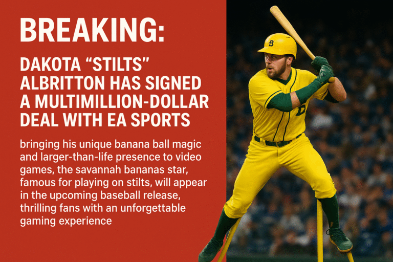 breaking: dakota “stilts” albritton has signed a multimillion-dollar deal with ea sports, bringing his unique banana ball magic and larger-than-life presence to video games. the savannah bananas star, famous for playing on stilts, will appear in the upcoming baseball release, thrilling fans with an unforgettable gaming experience