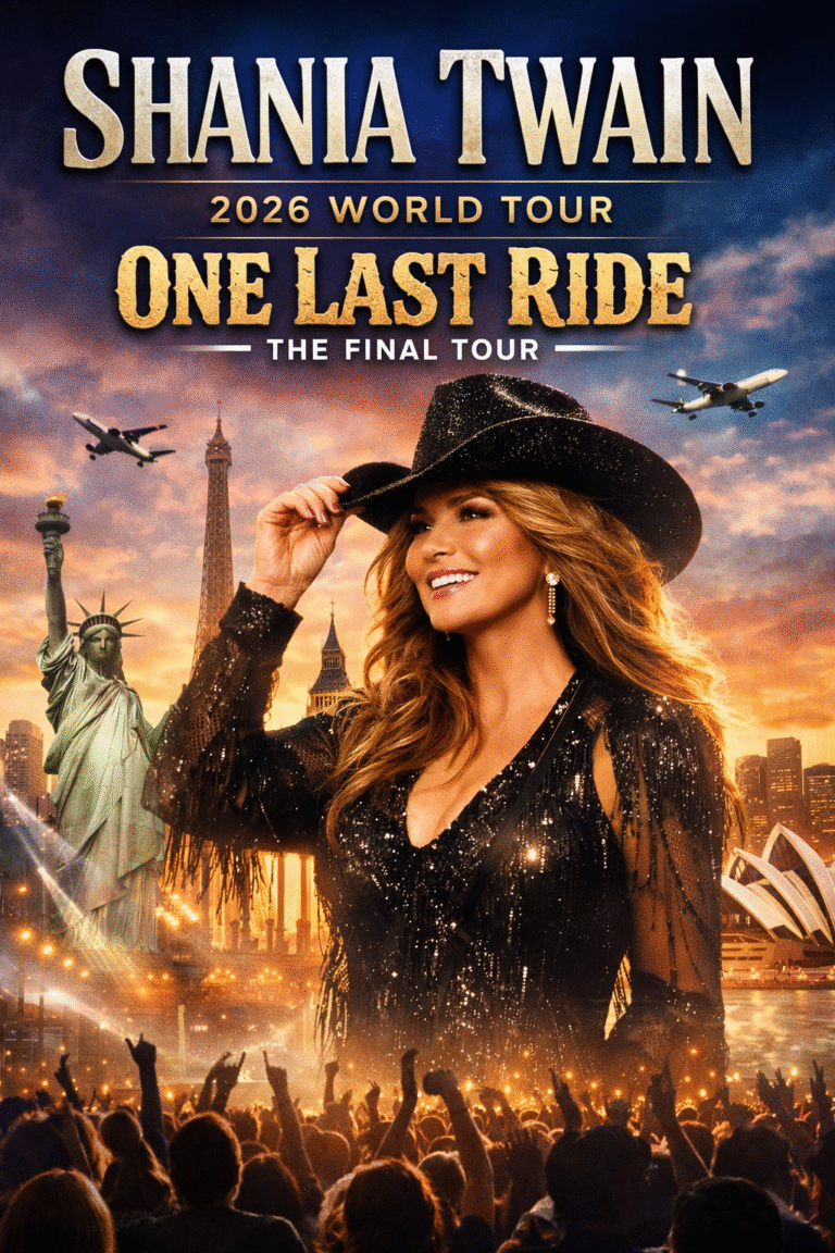 Country-pop icon Shania Twain has officially announced her 2026 world tour, marking what many are calling her “One Last Ride” — a triumphant, emotional return to the global stage that reunites her with fans across multiple continents